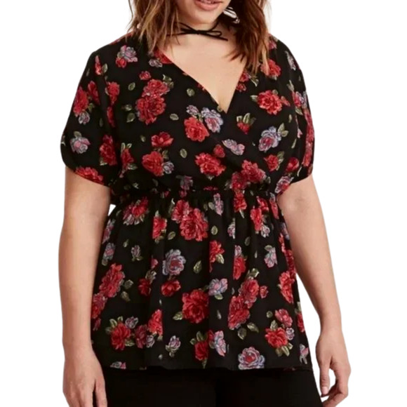 torrid Tops - Torrid Rose Floral Blouse Plus Size 4X Black Red Surplice Babydoll Short Sleeve